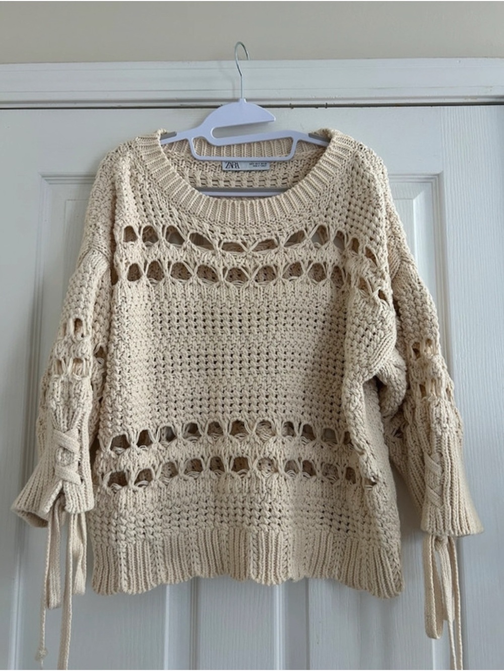 Zara Open-Knit Lace-Up Sleeve Crew Sweater in Cream